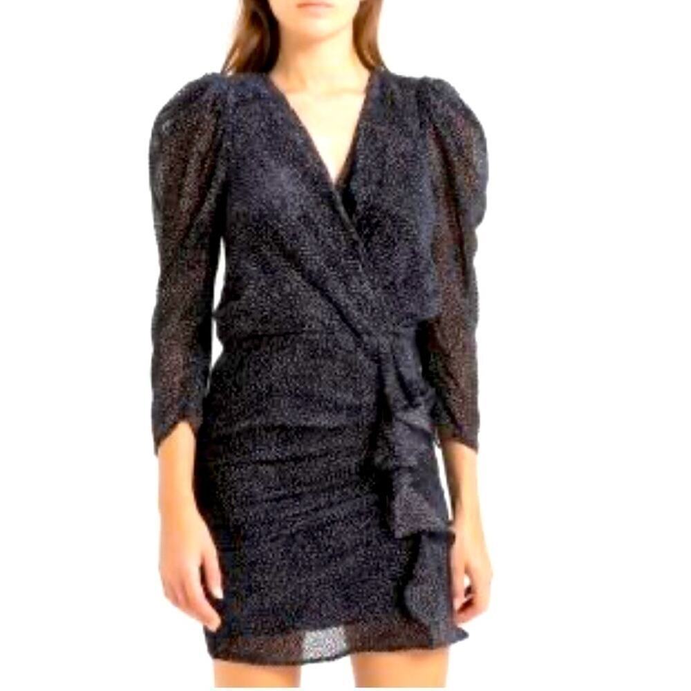 Ba&Sh Celia Black Ruffle Velvet Dot Cocktail Party Dress 80’s, Emily in Paris XS